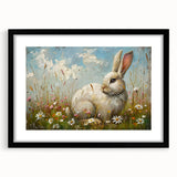 Framed wall art showcasing a whimsical rabbit design, featuring a sleek black frame and mat. Ideal for animal lovers and modern decor enthusiasts, this piece adds a playful touch to any room.
