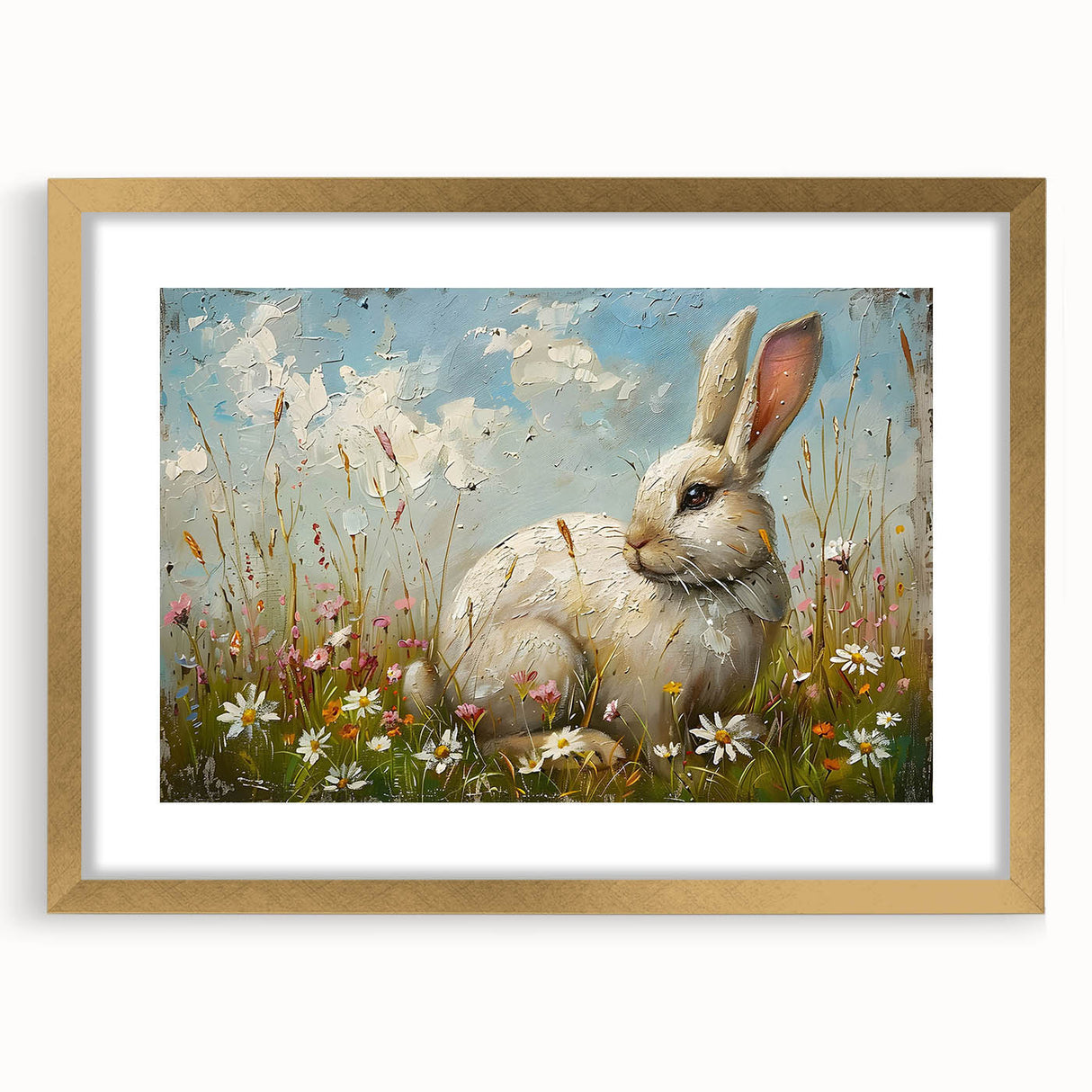 Framed wall art collection featuring a whimsical rabbit design in gold accents, set against a white mat. Perfect for adding a playful touch to home decor.