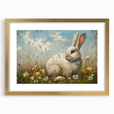 Framed wall art collection featuring a whimsical rabbit design in gold accents, set against a white mat. Perfect for adding a playful touch to home decor.