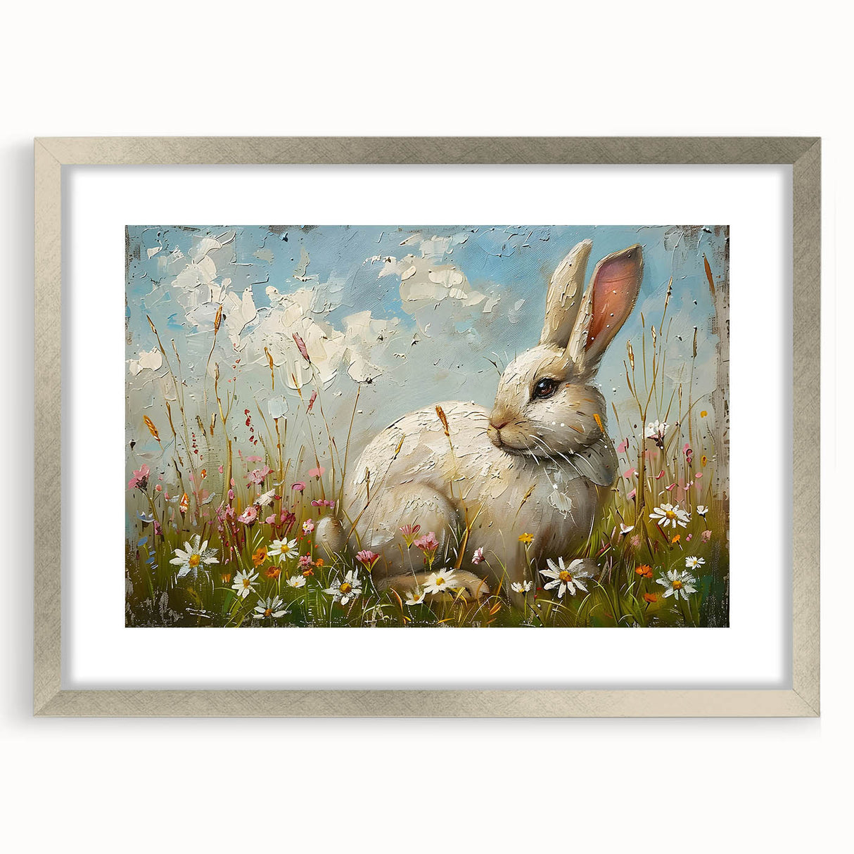 Silver-framed wall art featuring a whimsical rabbit design, set within a mat for an elegant presentation, perfect for animal lovers and home decoration.