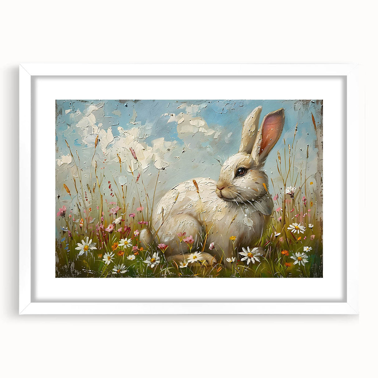 Framed wall art featuring a whimsical rabbit design in a white mat, perfect for children's rooms or nature-themed decor. The artwork showcases vibrant colors and playful details, enhancing any interior space.