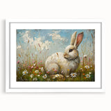 Framed wall art featuring a whimsical rabbit design in a white mat, perfect for children's rooms or nature-themed decor. The artwork showcases vibrant colors and playful details, enhancing any interior space.