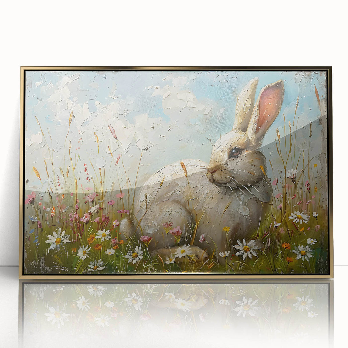 Framed wall art featuring a whimsical rabbit design in an acrylic gold frame, perfect for adding a playful touch to home decor. The artwork showcases vibrant colors and intricate details, ideal for animal lovers and modern interiors.