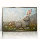Framed wall art featuring a whimsical rabbit design in an acrylic gold frame, perfect for adding a playful touch to home decor. The artwork showcases vibrant colors and intricate details, ideal for animal lovers and modern interiors.