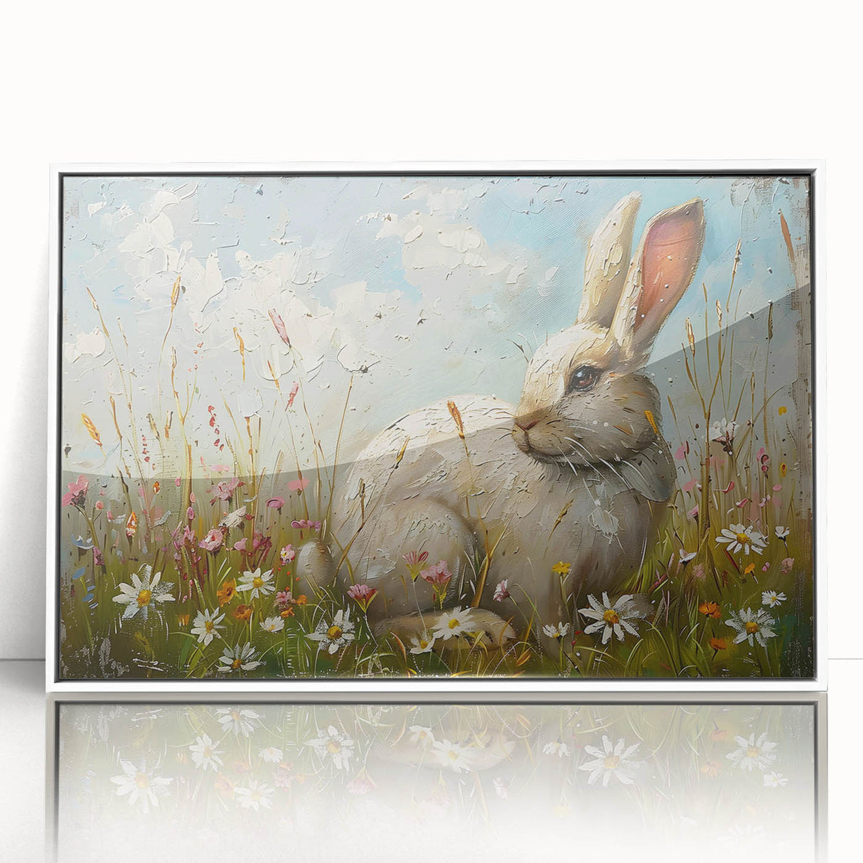 Framed wall art featuring a whimsical rabbit design in a white frame, capturing the charm of wildlife in a vibrant and artistic display, perfect for home decor or animal lovers.