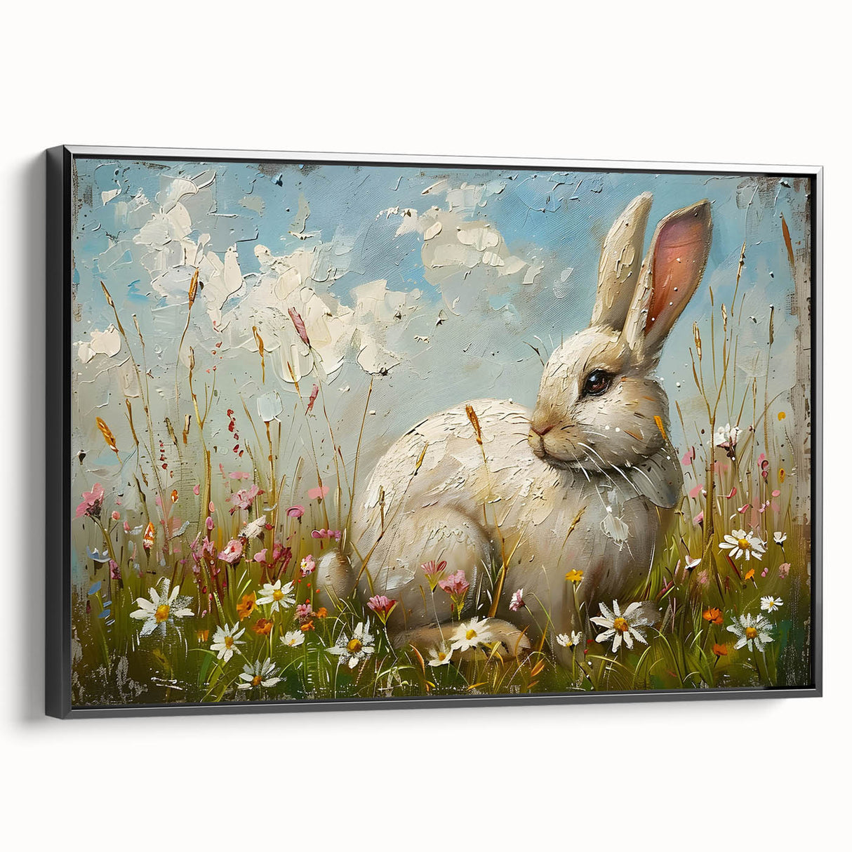 Framed canvas wall art showcasing a detailed rabbit design in a wild-life theme, featuring a black frame for elegant display in home decor.