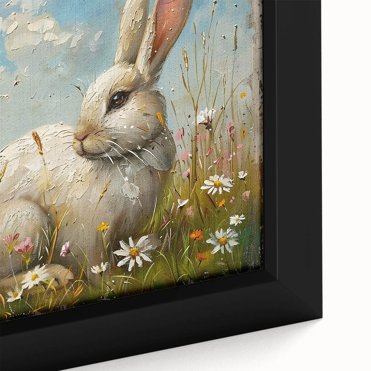 Close-up of a framed canvas wall art featuring a detailed rabbit design in a vibrant, colorful style. Ideal for animal lovers and nature-themed decor, this artwork adds a whimsical touch to any room.