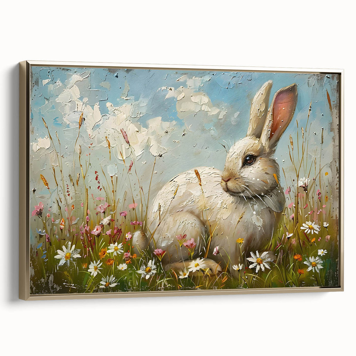 Framed wall art featuring a whimsical rabbit design in a natural setting, with gold accents and a modern aesthetic, perfect for animal lovers and home decor enthusiasts.