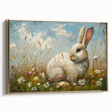 Framed wall art featuring a whimsical rabbit design in a natural setting, with gold accents and a modern aesthetic, perfect for animal lovers and home decor enthusiasts.