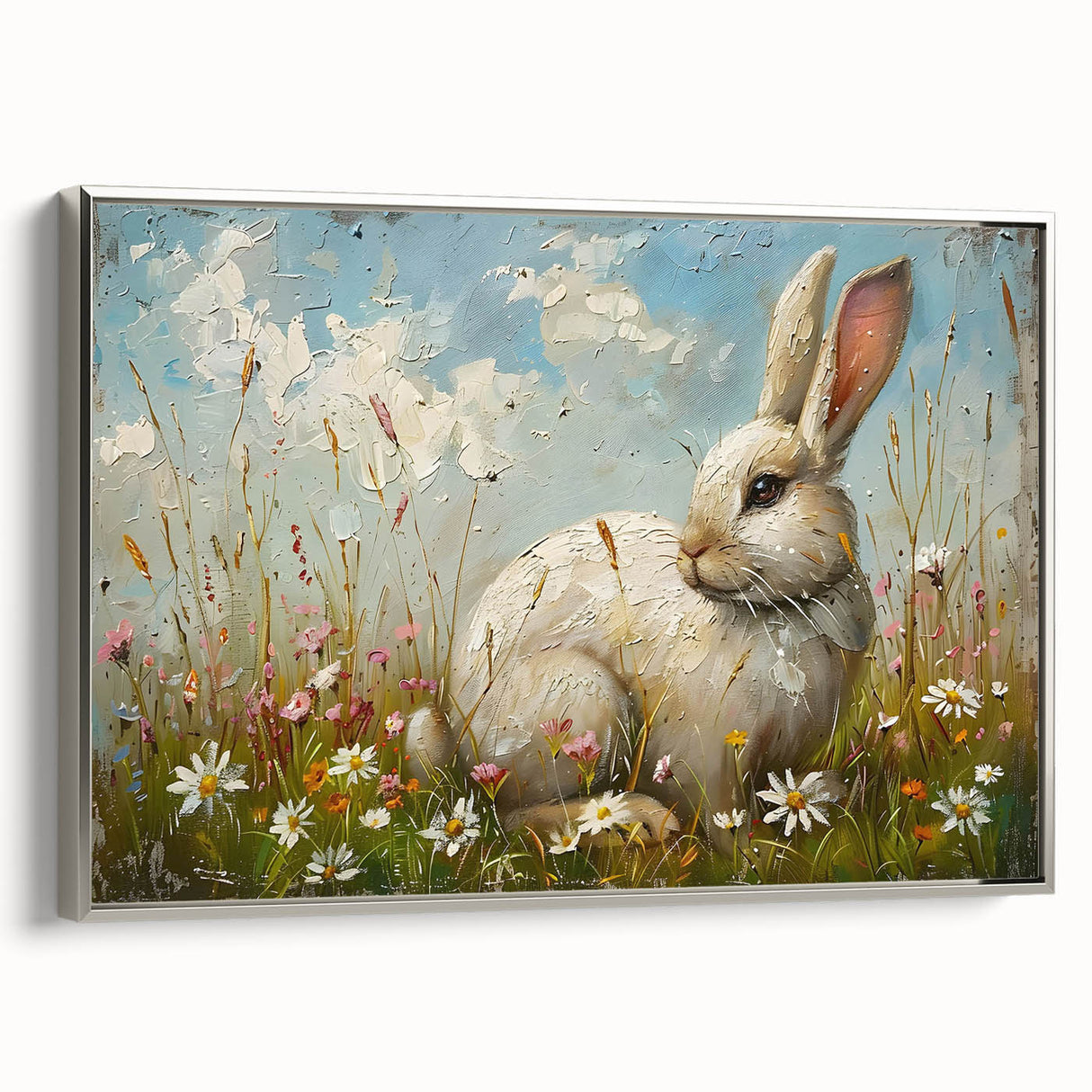 Framed wall art featuring a whimsical rabbit design from the Animals A Wild Life collection, displayed in a sleek silver frame, ideal for children's decor.