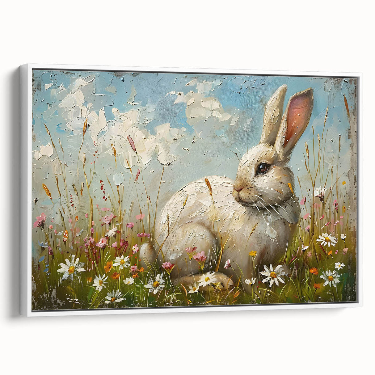 Framed canvas wall art showcasing a whimsical rabbit design in vibrant colors, set against a white background, perfect for animal lovers and home decor.