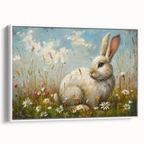 Framed canvas wall art showcasing a whimsical rabbit design in vibrant colors, set against a white background, perfect for animal lovers and home decor.