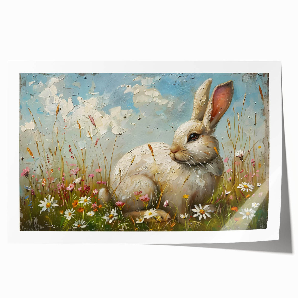 A rolled canvas print showcasing a whimsical rabbit design, ideal for children's decor, featuring vibrant colors and playful illustrations, packaged securely in a sturdy tube for safe delivery.