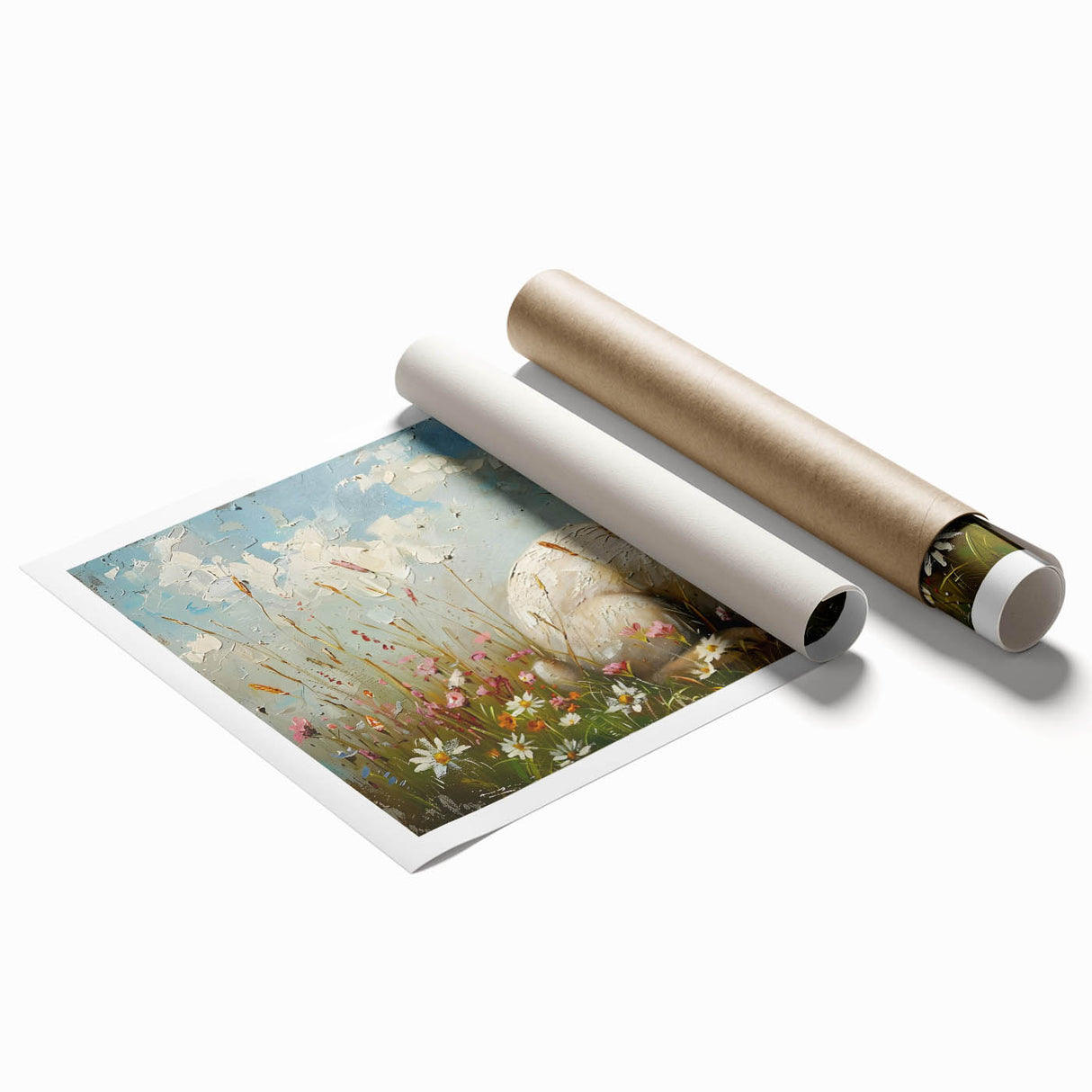 Rolled print showcasing a whimsical rabbit design in a vibrant color palette, perfect for children's room decor or animal-themed artwork collections.