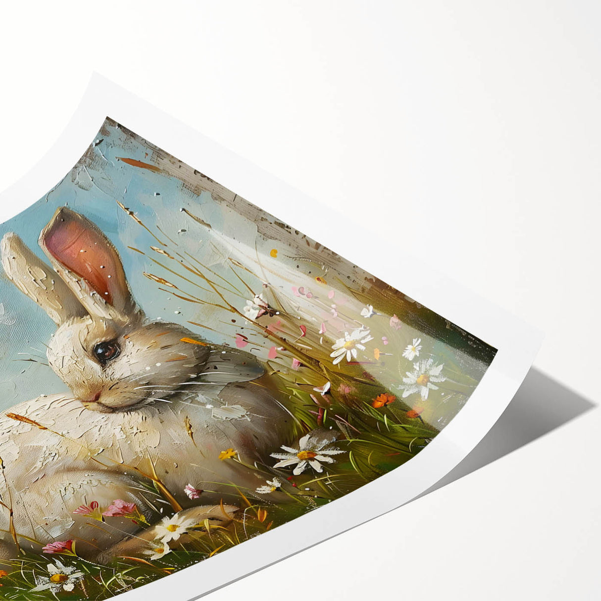 Vibrant wall art print featuring a whimsical rabbit design in a wild animal theme, perfect for children's rooms or nature-inspired decor. This rolled canvas adds playful charm and color to any space.