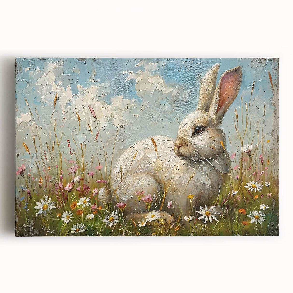 Stretched canvas wall art featuring a charming rabbit design in a whimsical style, ideal for animal lovers and nursery decor. The vibrant colors and playful illustration create a joyful atmosphere, enhancing any room's aesthetic. Perfect for adding a touch of nature-inspired art to your space.