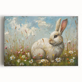 Stretched canvas wall art featuring a charming rabbit design in a whimsical style, ideal for animal lovers and nursery decor. The vibrant colors and playful illustration create a joyful atmosphere, enhancing any room's aesthetic. Perfect for adding a touch of nature-inspired art to your space.