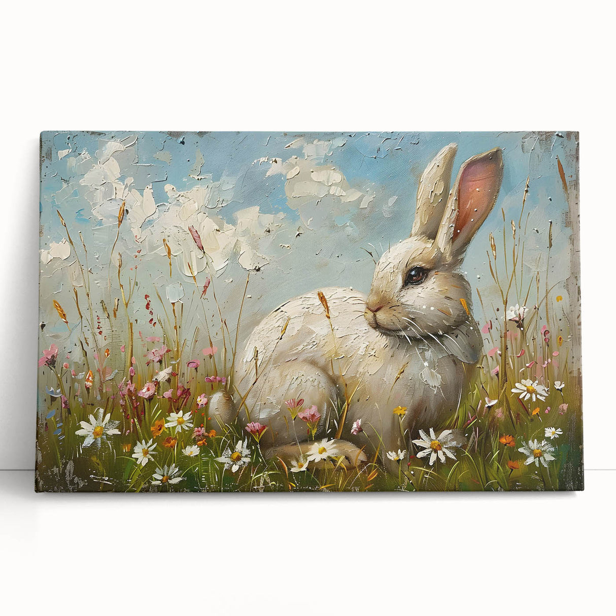 Stretched canvas wall art featuring a whimsical rabbit design, showcasing vibrant colors and intricate details, perfect for adding a playful touch to any decor.