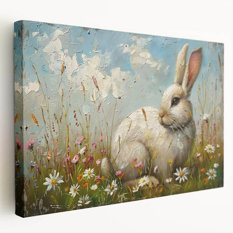 Stretched canvas wall art showcasing a whimsical rabbit design, featuring vibrant colors and intricate details, ideal for children's room decor or nature-themed spaces.