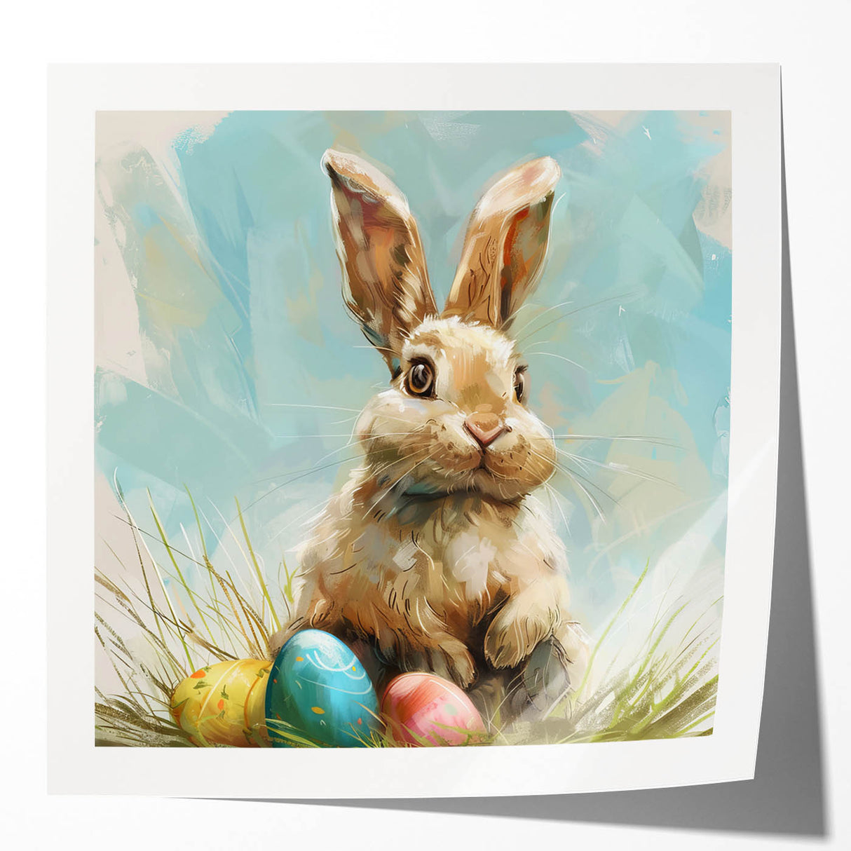 Vibrant wall art collection featuring a whimsical rabbit design, showcasing detailed illustrations on glossy canvas, perfect for animal lovers' home decor.
