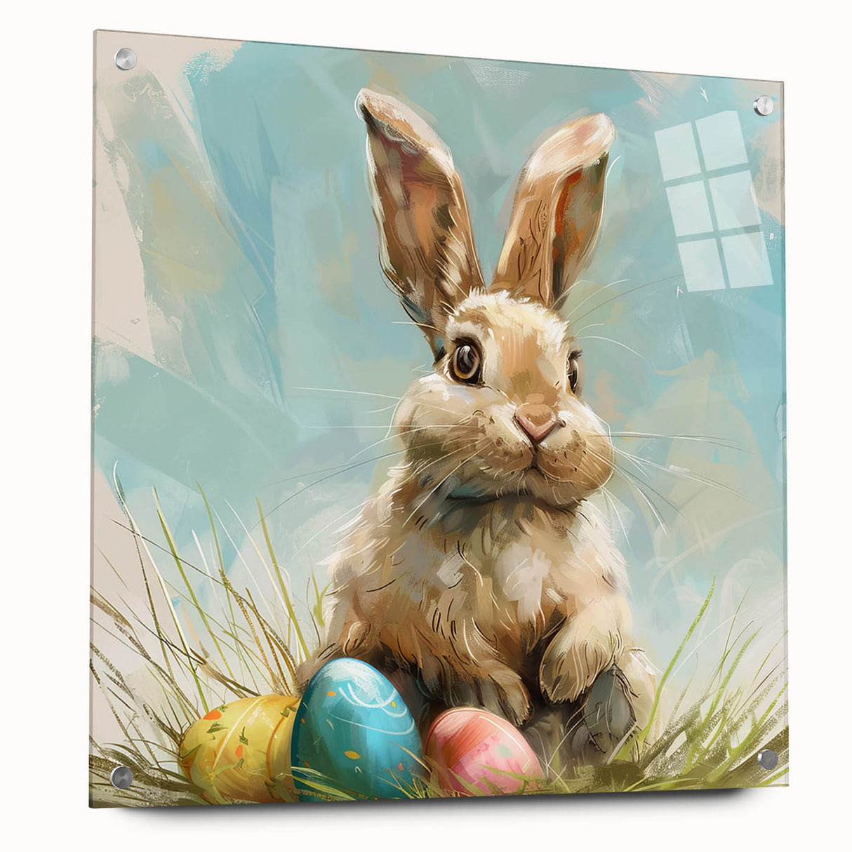 Acrylic glass wall art showcasing a detailed rabbit design from the 'Animals of the Wild' collection, displayed with pins for an elegant side view.