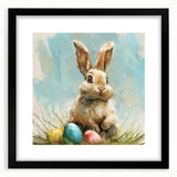 Framed rabbit wall art featuring intricate wildlife design in a black frame, showcasing vibrant colors and detailed illustrations, perfect for home decor.