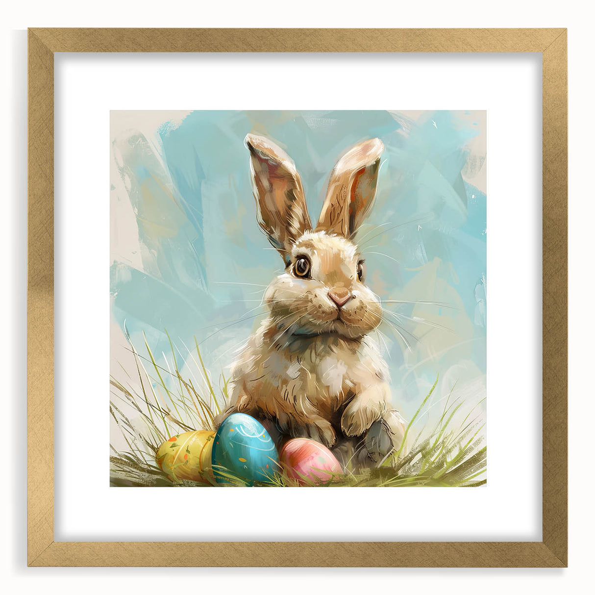Framed wall art featuring a whimsical rabbit design in a gold frame with matting, perfect for children's decor or animal-themed rooms, showcasing vibrant colors and playful details.