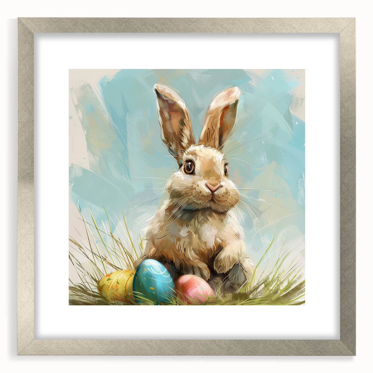 Silver-framed wall art featuring a whimsical rabbit design, set against a white mat, ideal for children's rooms or playful decor. Perfect for animal lovers.