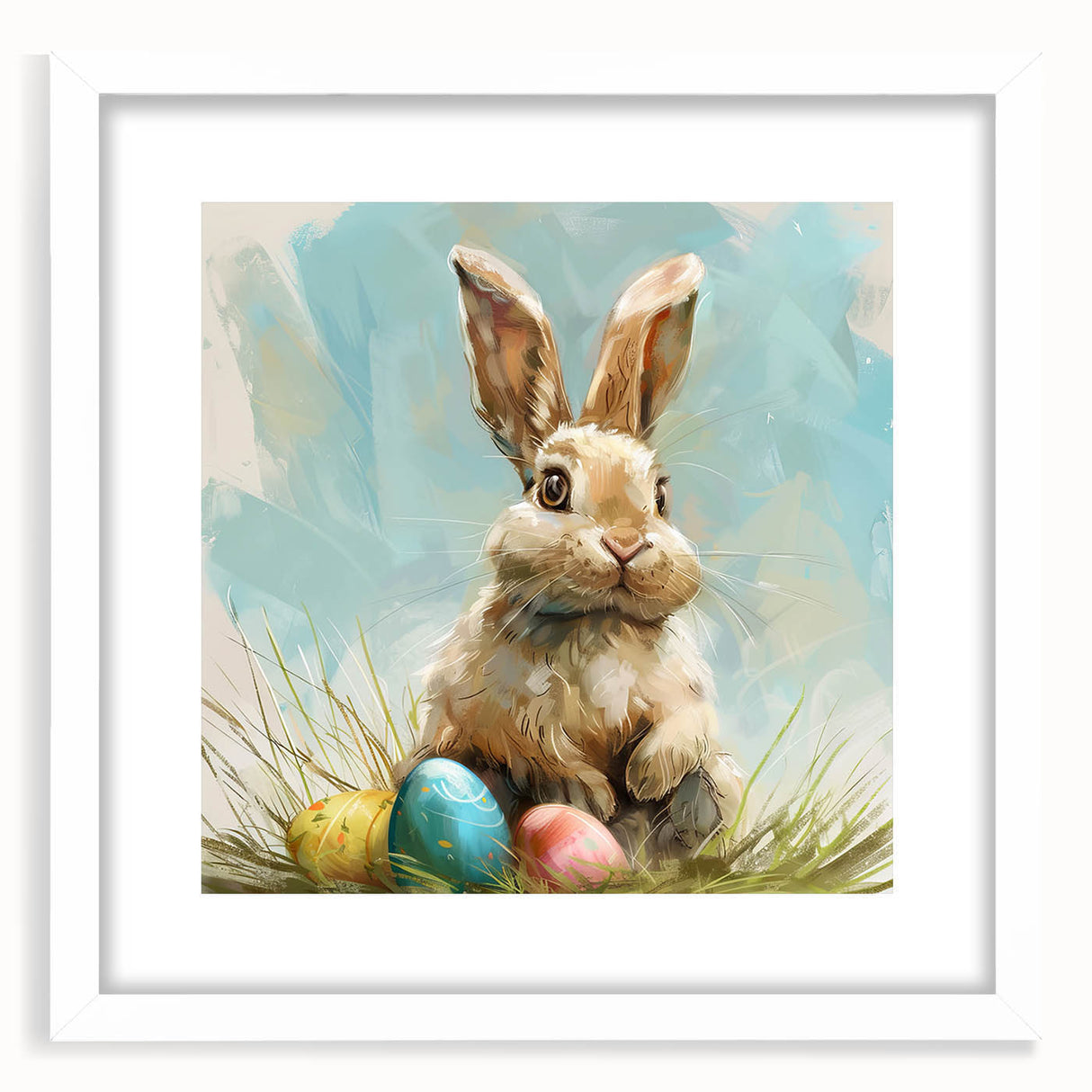 Framed wall art featuring a whimsical rabbit design from the "Animals of the Wild" collection, set in a white mat, showcasing a modern decor style perfect for animal lovers.