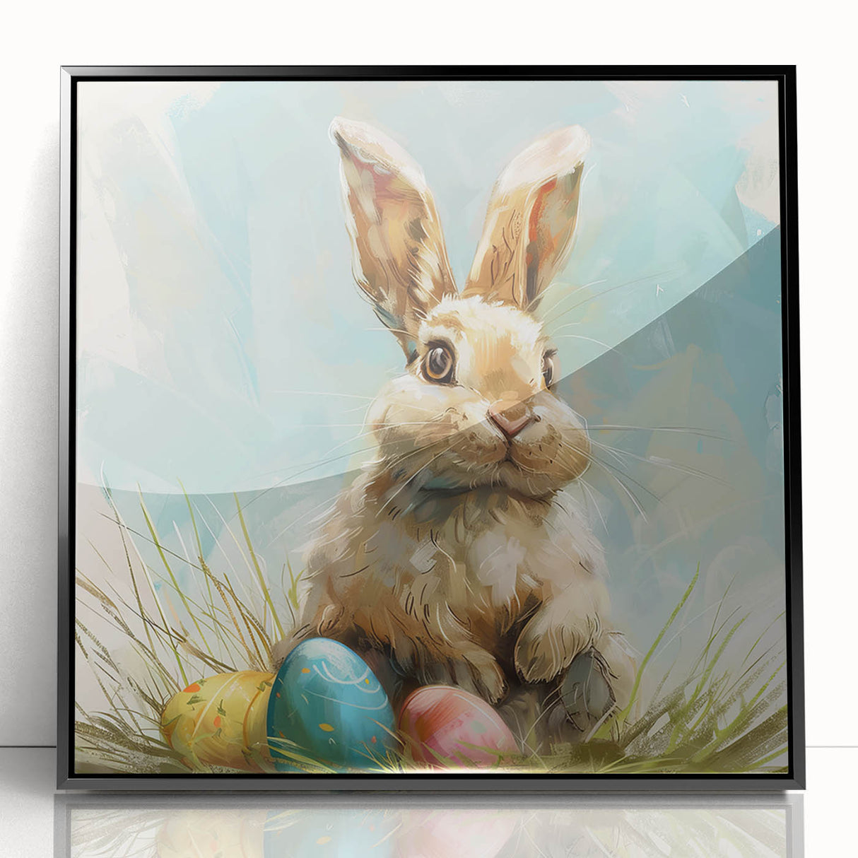 Framed wall art featuring a stylized rabbit design from the Animals of the Wild collection, displayed with a sleek black frame, perfect for modern decor.