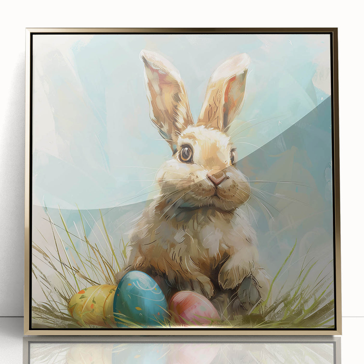 Framed wall art featuring a whimsical rabbit design in gold acrylic, showcasing vibrant colors and intricate details, perfect for animal lovers and home decor enthusiasts.