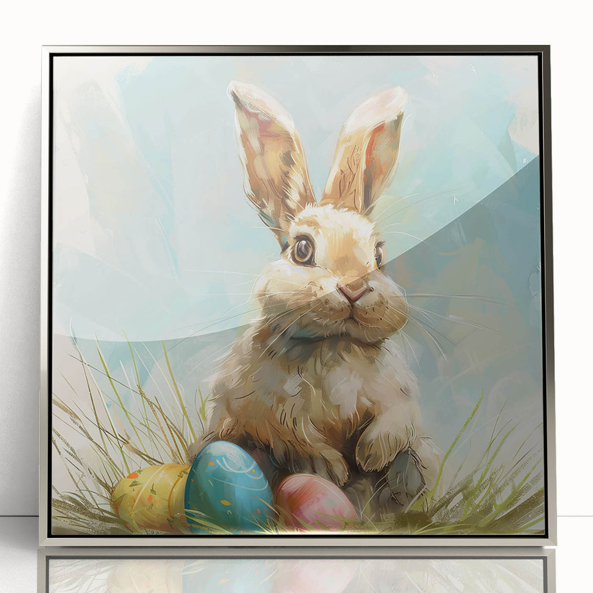 Framed wall art featuring a detailed rabbit design in a silver-acrylic finish, showcasing intricate textures and vibrant colors, ideal for animal lovers' decor.