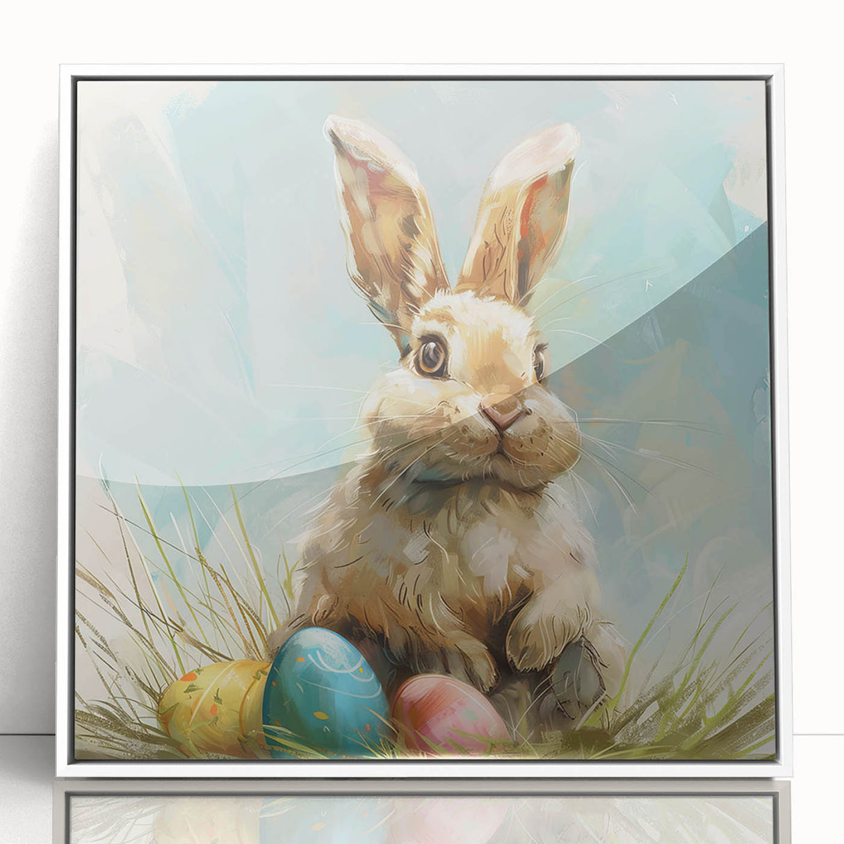 Framed wall art featuring a whimsical rabbit design on a white background, showcasing vibrant colors and playful details, perfect for animal lovers and home decor.