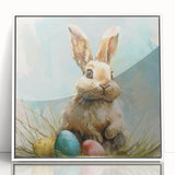 Framed wall art featuring a whimsical rabbit design on a white background, showcasing vibrant colors and playful details, perfect for animal lovers and home decor.