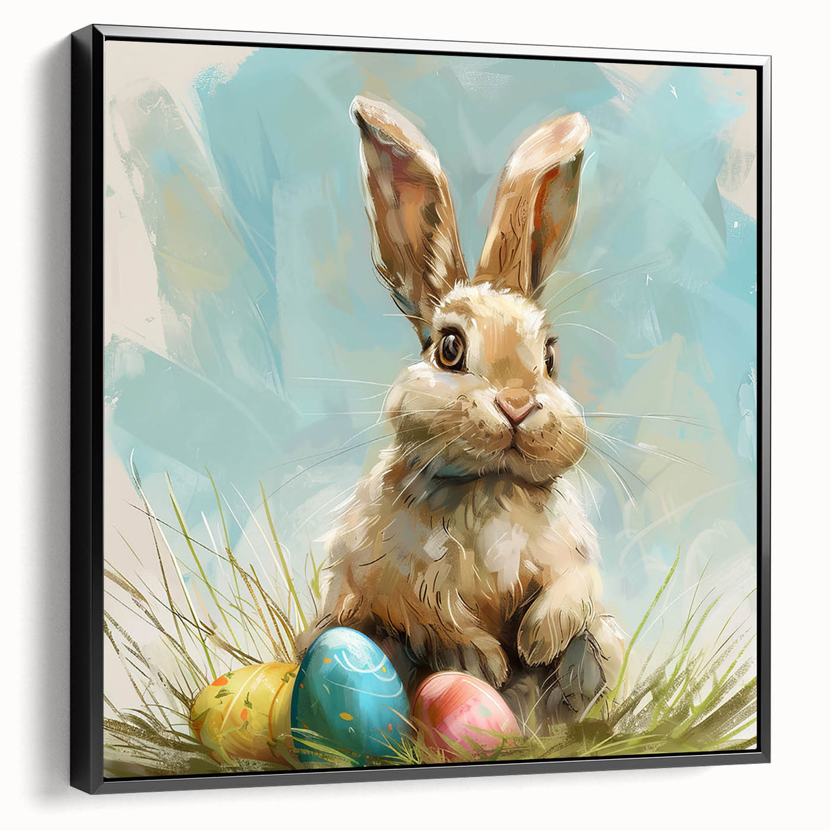 Framed wall art featuring a black rabbit design from the "Animals A Wild Life" collection, showcasing intricate details on a textured canvas with a sleek black frame, perfect for modern decor.