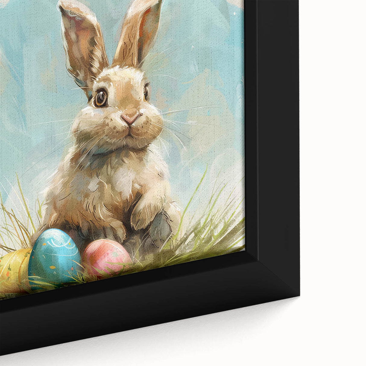 Close-up of a framed wall art piece showcasing a whimsical rabbit design in vibrant colors, ideal for adding a playful touch to any room decor. This art piece is part of a wildlife-themed collection, perfect for animal lovers.