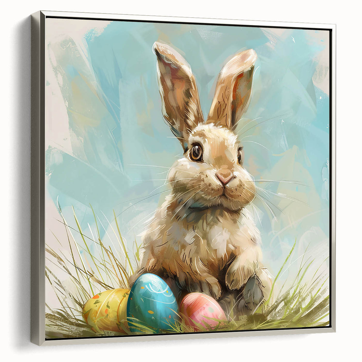 Framed canvas wall art featuring a whimsical rabbit design in a silver frame, showcasing vibrant colors and intricate details, perfect for animal lovers' decor.