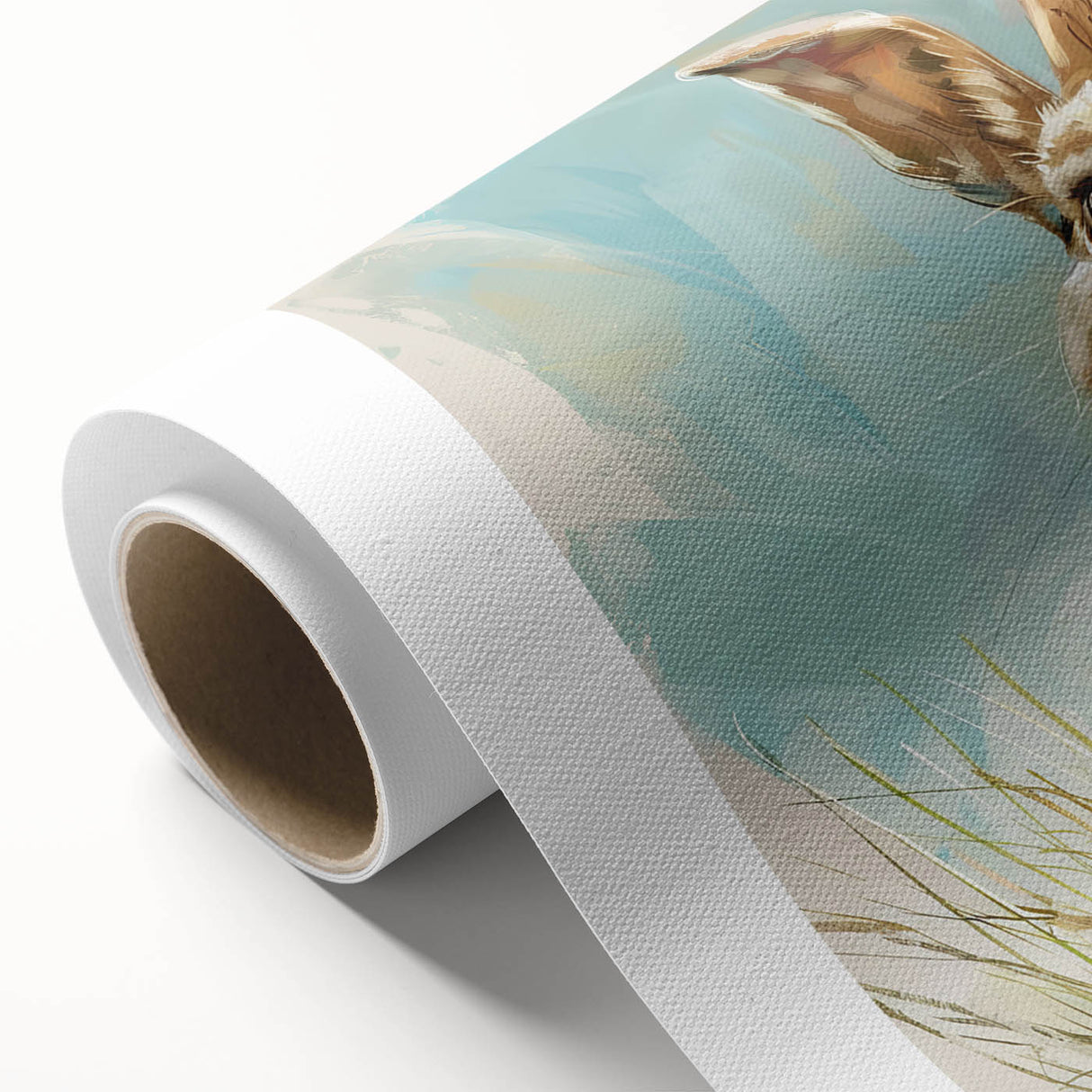 Colorful rabbit wall art design on rolled canvas showcasing whimsical woodland imagery, ideal for children's rooms or nature-themed decor, packaged securely.