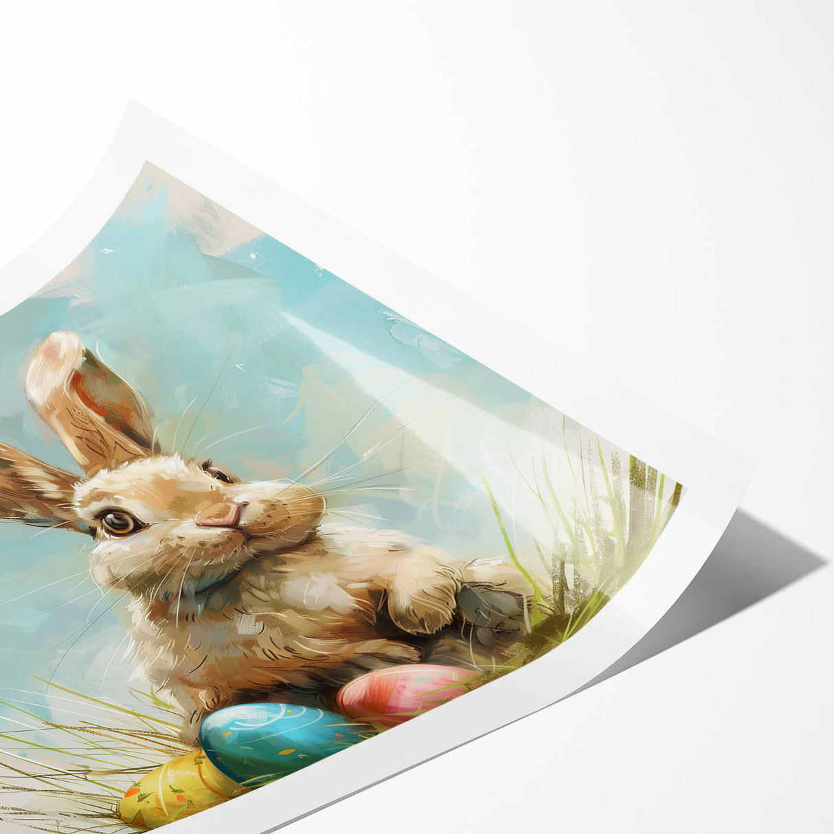 Charming rabbit design wall art print from the "A Wild Life" collection, featuring vibrant colors on rolled canvas, perfect for home decor or nursery.