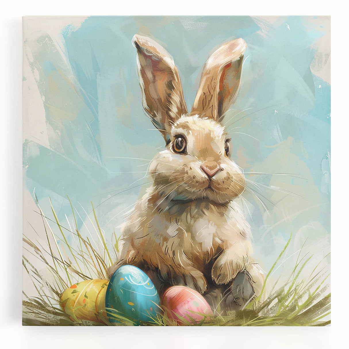 Vibrant wall art featuring a whimsical rabbit design on stretched canvas, showcasing intricate details and soft colors, perfect for adding charm to any room.