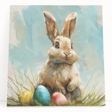 Stretched canvas wall art featuring a whimsical rabbit design, showcasing vibrant colors and detailed textures, ideal for adding a playful touch to any space.