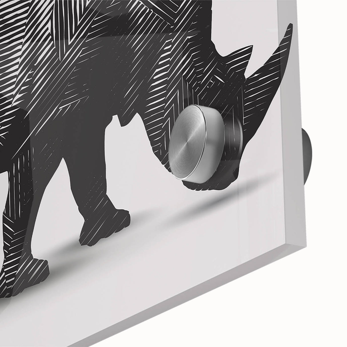 Close-up of a striking acrylic glass wall art piece featuring a detailed rhinoceros design, showcasing vibrant colors and intricate textures that enhance any wildlife-themed decor. Perfect for nature enthusiasts and animal lovers, this artwork adds a bold statement to interior spaces.