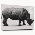 Side view of a striking rhinoceros design wall art piece, crafted from acrylic glass, showcasing intricate details and vibrant colors. Perfect for wildlife enthusiasts and home decor.