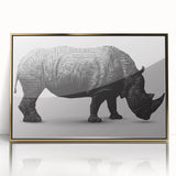 Framed wall art showcasing a striking gold-accented rhinoceros design, depicting the majestic animal in a front view, perfect for wildlife enthusiasts and home decor.