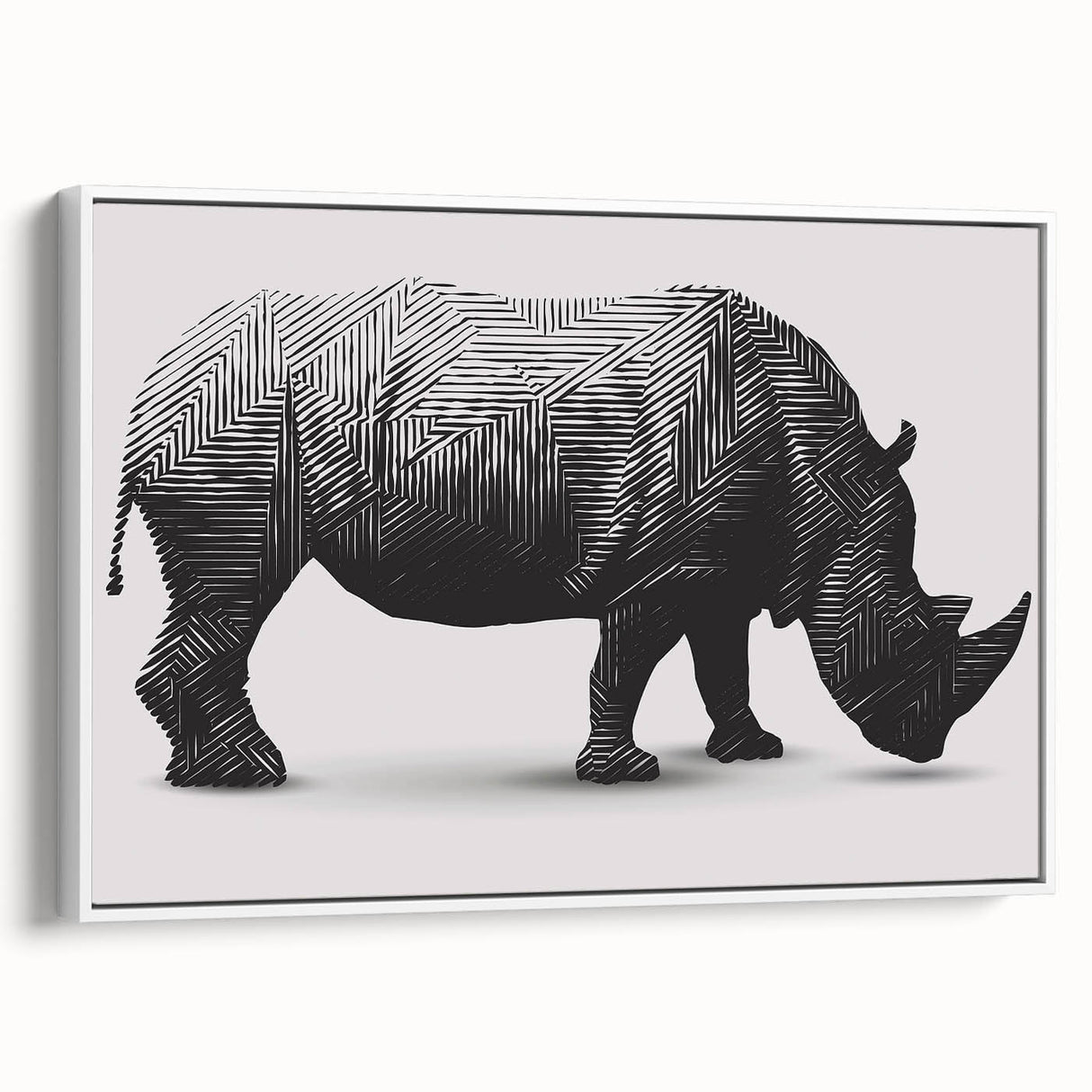 Framed canvas wall art showcasing a side view of a rhinoceros against a white background, ideal for wildlife enthusiasts and modern interior decor. The design highlights the animal's unique features, adding an elegant touch to any space while promoting conservation awareness.