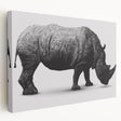Side view of a vibrant, stretched canvas artwork depicting a rhinoceros in a natural habitat, showcasing intricate details and earthy colors, perfect for wildlife enthusiasts.