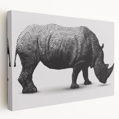 Side view of a vibrant, stretched canvas artwork depicting a rhinoceros in a natural habitat, showcasing intricate details and earthy colors, perfect for wildlife enthusiasts.