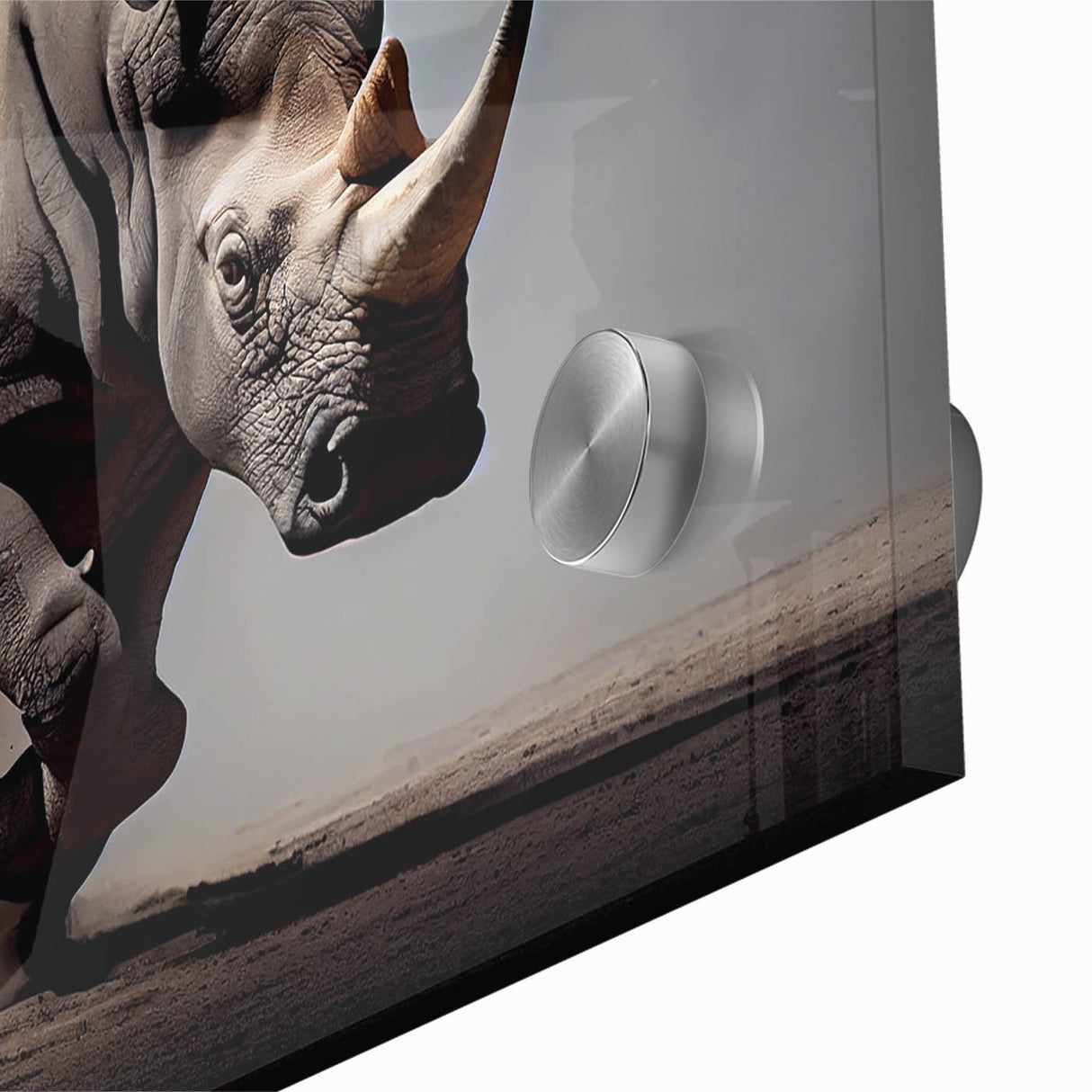 Close-up of a stunning rhinoceros wall art design, showcasing intricate details and vibrant colors on acrylic glass, perfect for wildlife enthusiasts and modern decor.