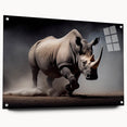 Side view of a striking acrylic wall art piece showcasing a detailed rhinoceros design, featuring rich colors and sharp lines, ideal for wildlife enthusiasts.