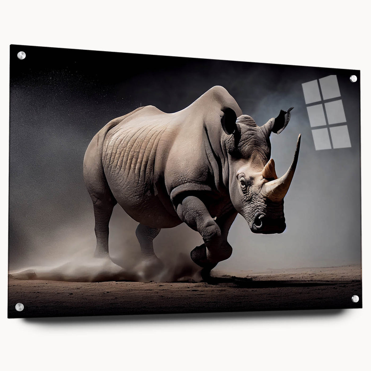 Side view of a striking acrylic wall art piece showcasing a detailed rhinoceros design, featuring rich colors and sharp lines, ideal for wildlife enthusiasts.